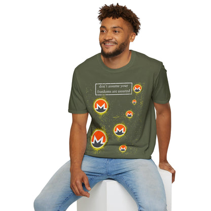Monero (XMR) don't assume your freedoms are assured Dark colors Unisex T-Shirt by cypherpunkgear.com