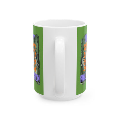 Spooky Happy Halloween Ghost PRfont Green Mug by cypherpunkgear