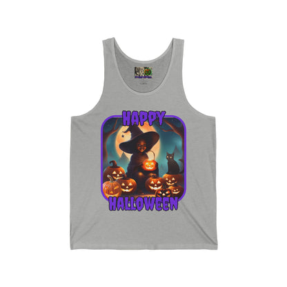 Happy Halloween Cute Witch Purple font Unisex Jersey Tank Top by CreepyCrafts.boo