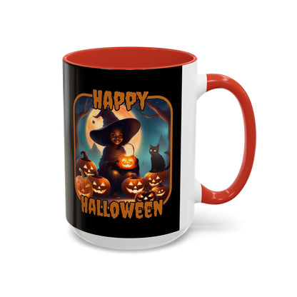 Happy Halloween Cute Witch Orange font Black Accent Mug by CreepyCrafts.boo