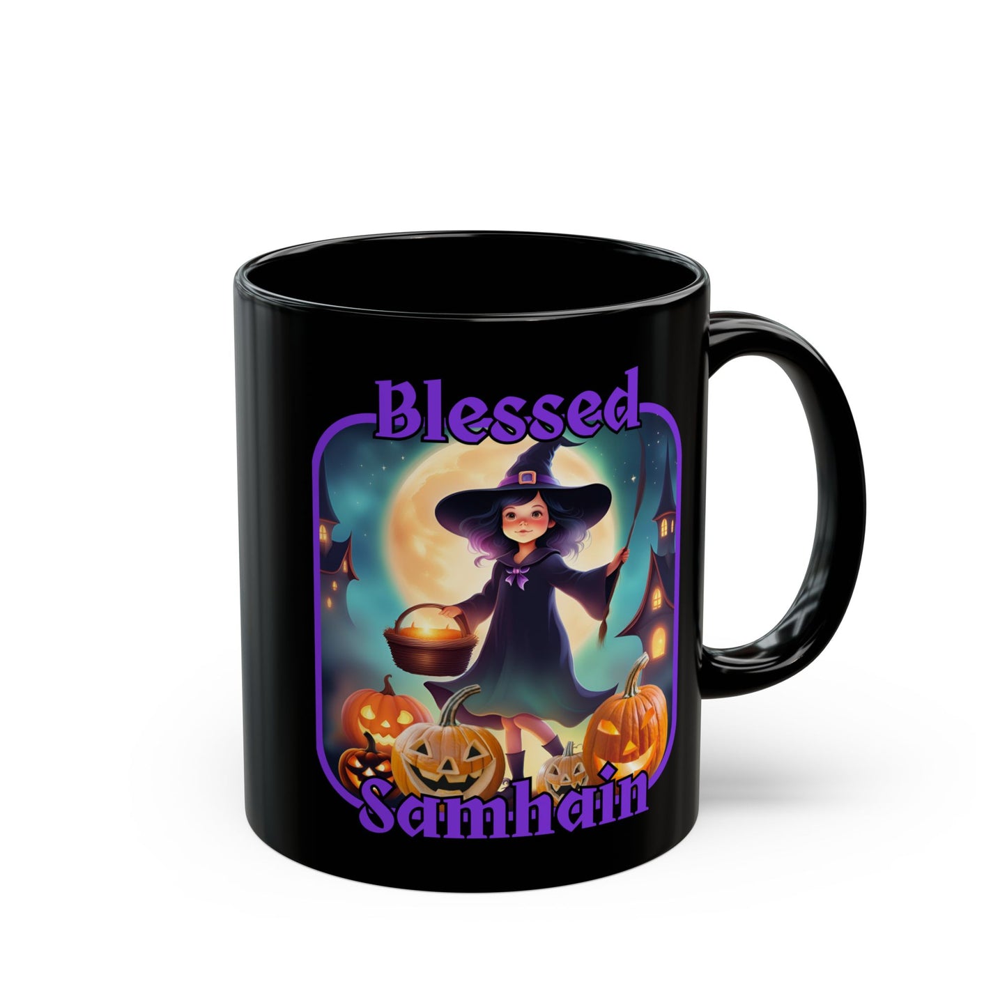 Blessed Samhain Little Witch Purple font Black Mug by CreepyCrafts.boo