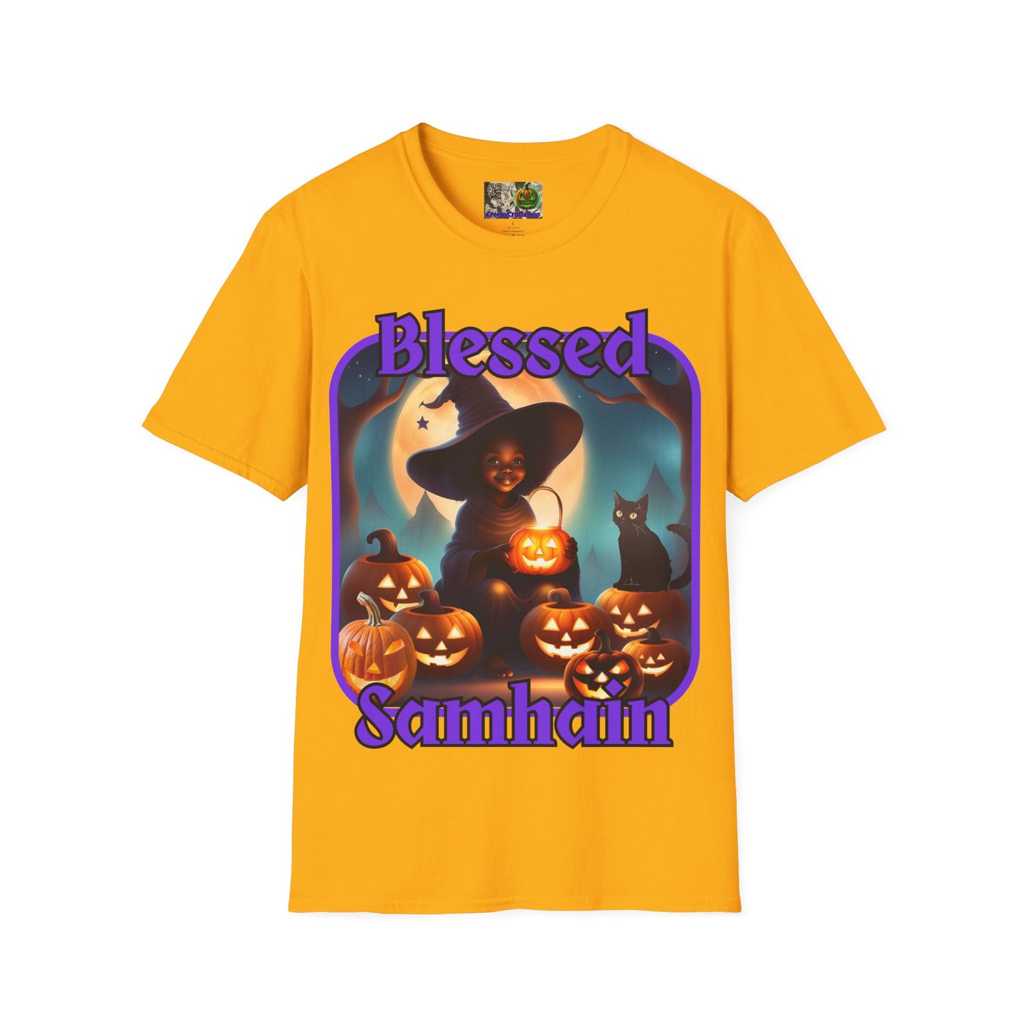 Blessed Samhain Cute Witch Purple font Light colors Unisex T-Shirt by CreepyCrafts.boo