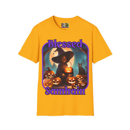 Blessed Samhain Cute Witch Purple font Light colors Unisex T-Shirt by CreepyCrafts.boo