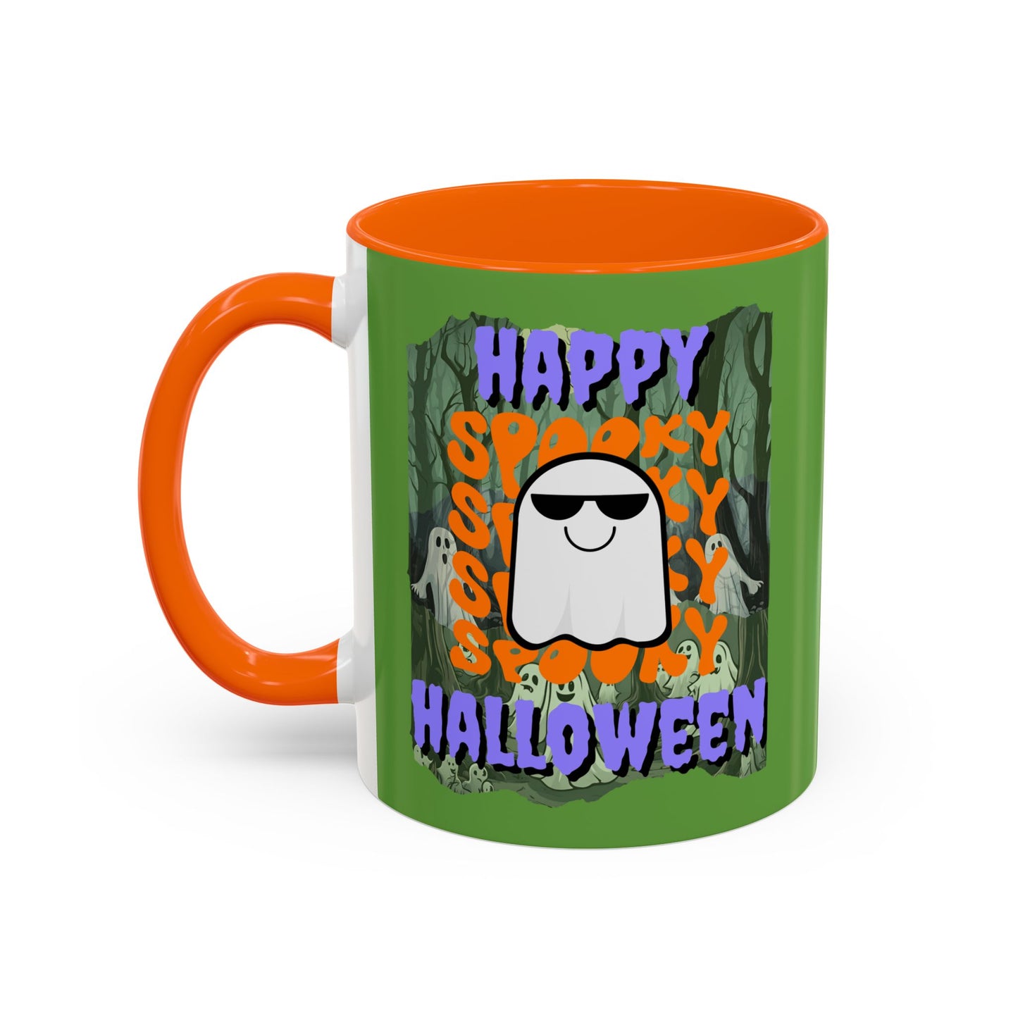Spooky Happy Halloween Ghost Purple font Green Accent Mug by CreepyCrafts.boo