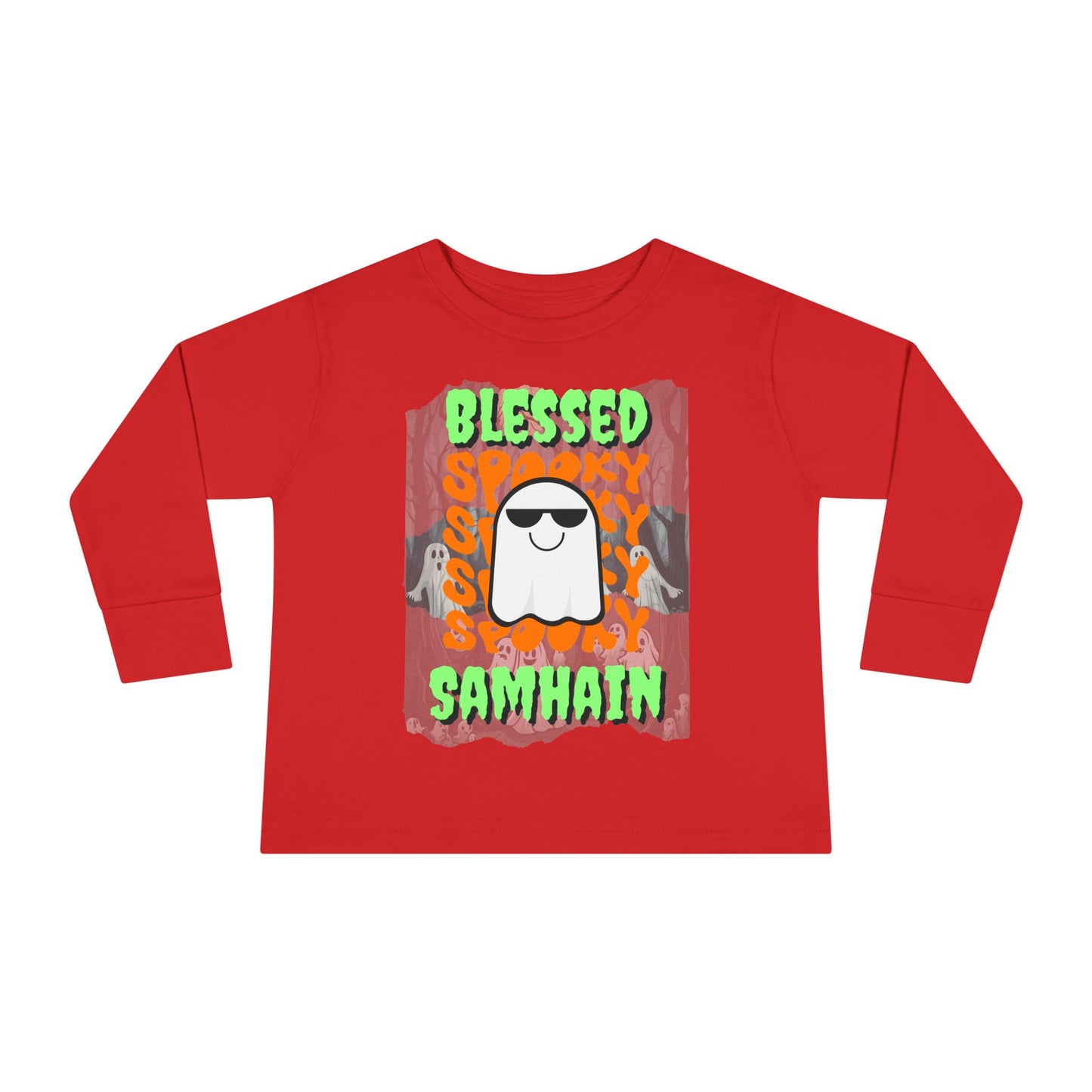 Spooky Blessed Samhain Ghost Green font Toddler Long Sleeve Tee by CreepyCrafts.boo
