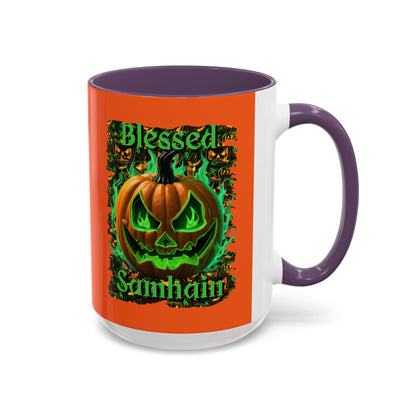 Blessed Samhain Green Jack Orange Accent Mug by CreepyCrafts.boo