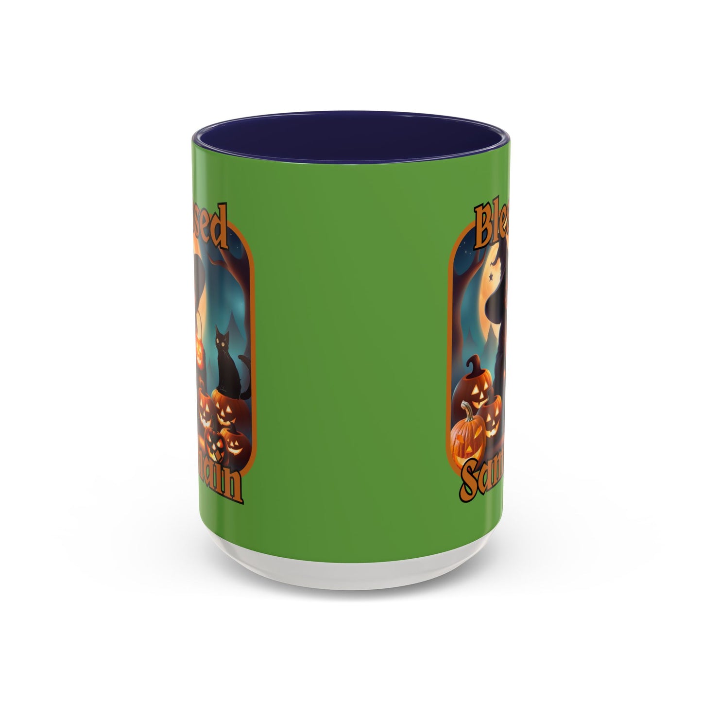 Blessed Samhain Cute Witch Orange font Green Accent Mug by CreepyCrafts.boo
