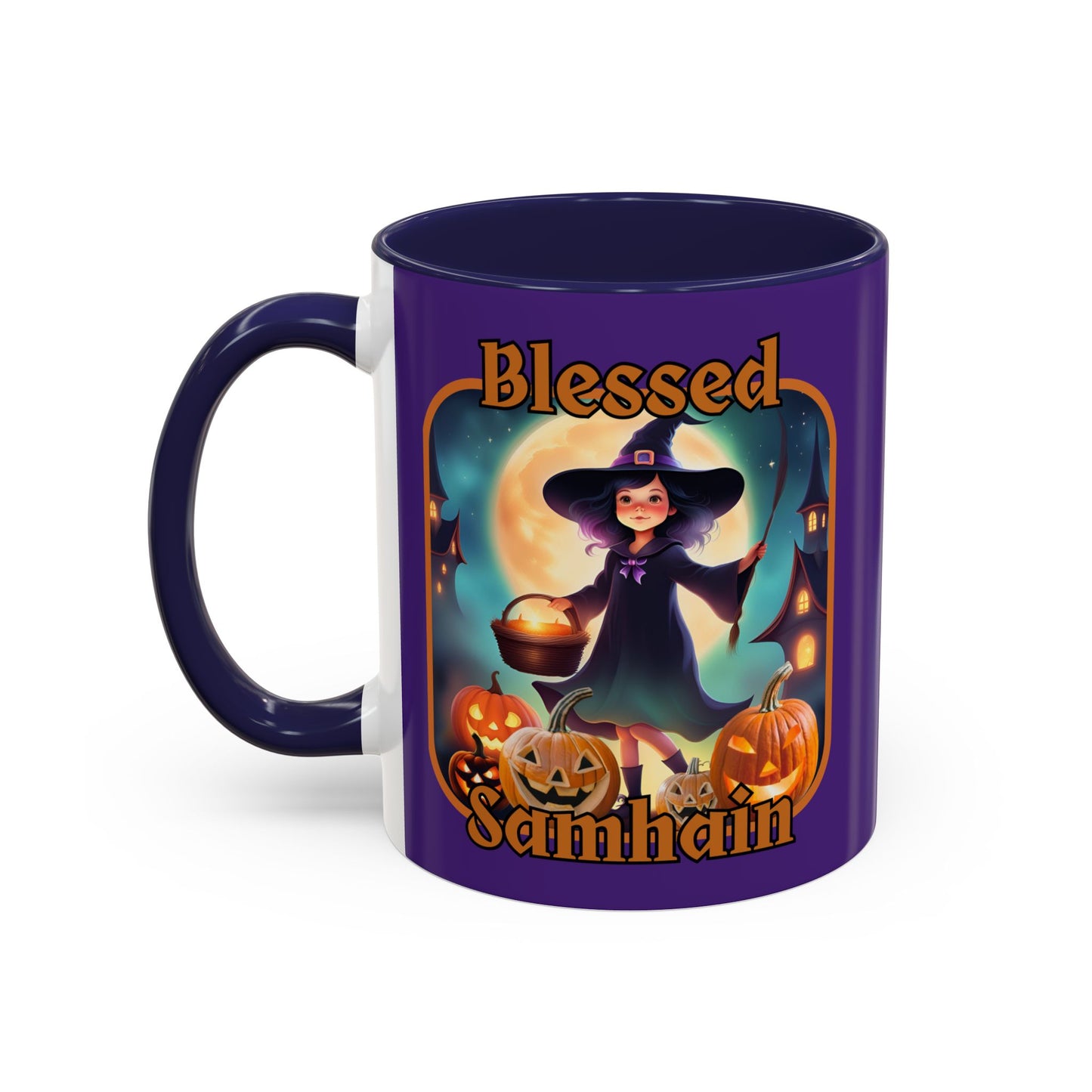 Blessed Samhain Little Witch Orange font Purple Accent Mug by CreepyCrafts.boo