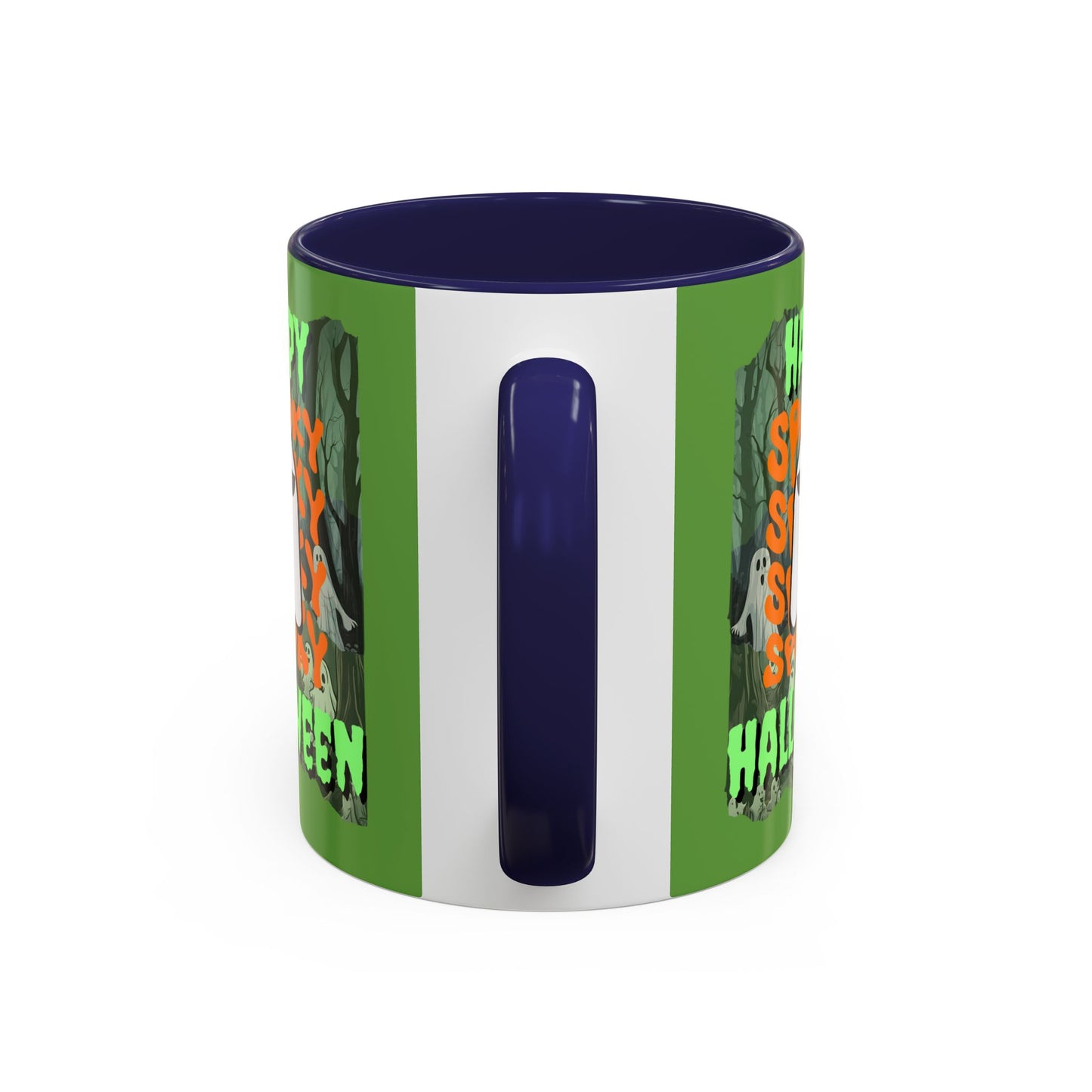 Spooky Happy Halloween Ghost Green font Green Accent Mug by CreepyCrafts.boo
