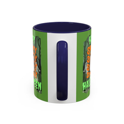 Spooky Happy Halloween Ghost Green font Green Accent Mug by CreepyCrafts.boo