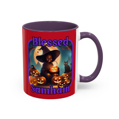 Blessed Samhain Cute Witch Purple font Red Accent Mug by CreepyCrafts.boo