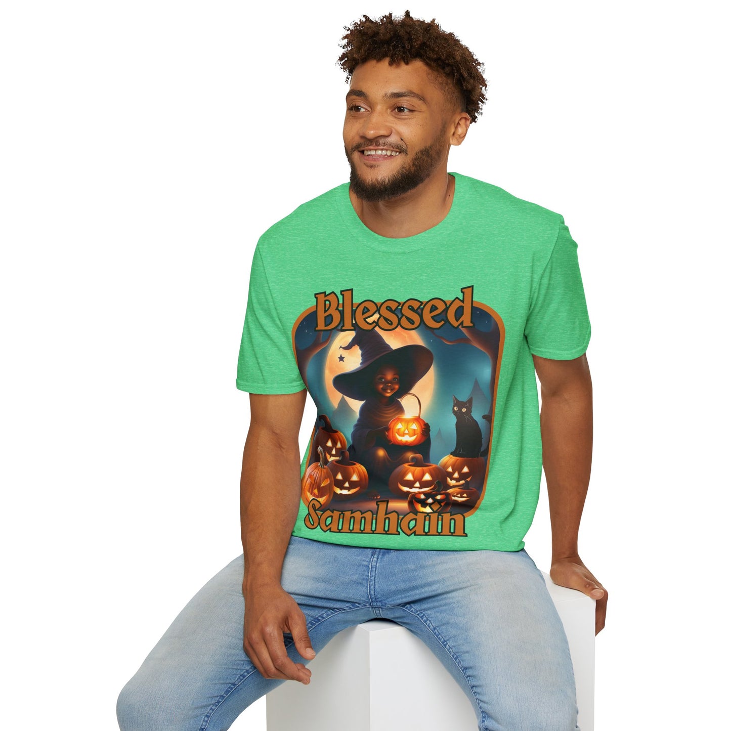Blessed Samhain Cute Witch Orange font Dark colors Unisex T-Shirt by CreepyCrafts.boo