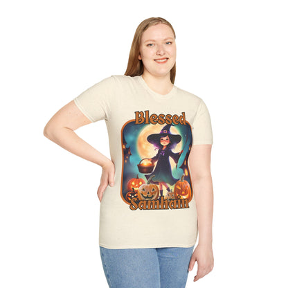 Blessed Samhain Little Witch Orange font Light colors Unisex T-Shirt by CreepyCrafts.boo