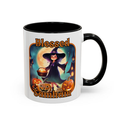 Blessed Samhain Little Witch Orange font White Accent Mug by CreepyCrafts.boo
