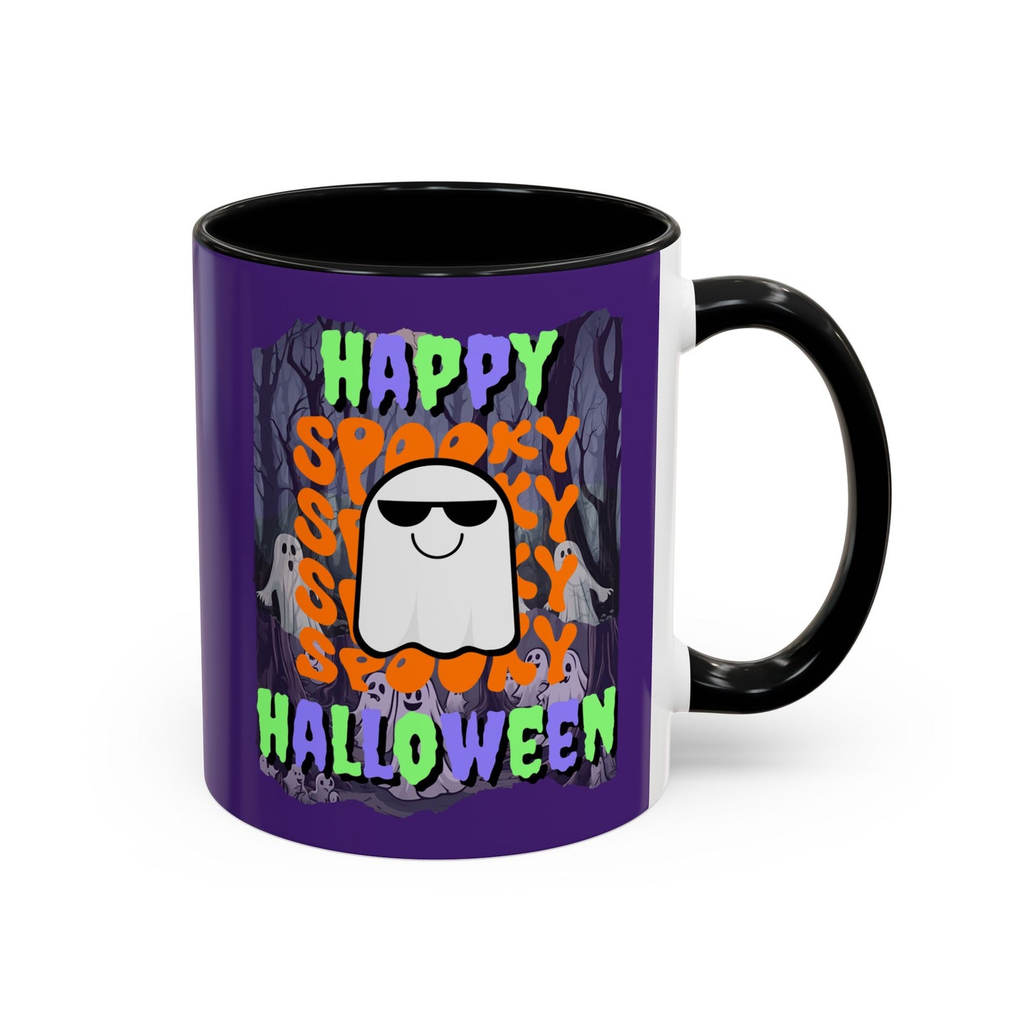 Spooky Happy Halloween Ghost Mixed font Purple Accent Mug by CreepyCrafts.boo