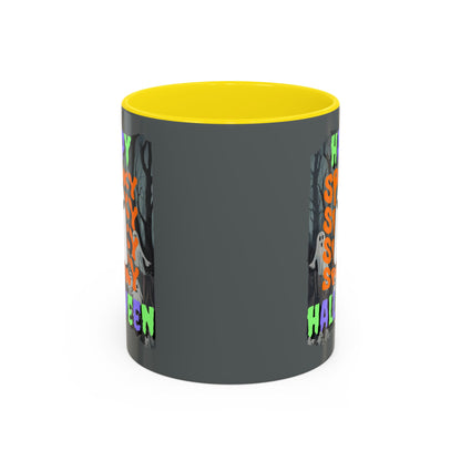 Spooky Happy Halloween Ghost Mixed font Grey Accent Mug by CreepyCrafts.boo