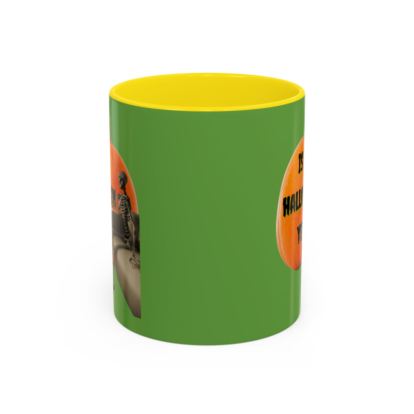 Is it Halloween yet? Skeleton's Giant Pumpkin Green Accent Mug by CreepyCrafts.boo