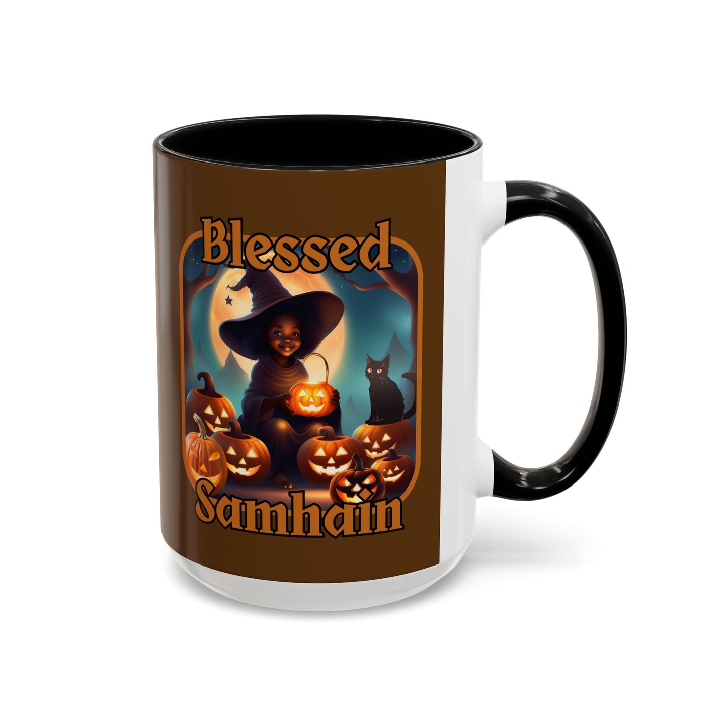 Blessed Samhain Cute Witch Orange font Brown Accent Mug by CreepyCrafts.boo