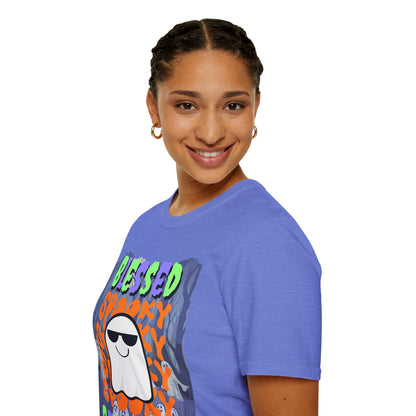 Spooky Blessed Samhain Ghost Mixed font Unisex T-Shirt by CreepyCrafts.boo