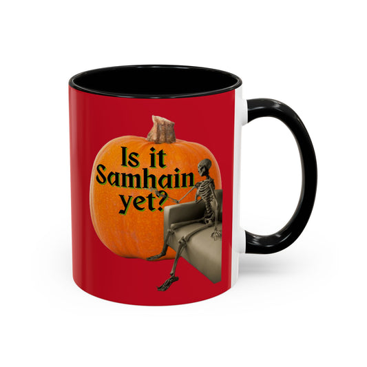 Is It Samhain Yet? Skeleton's Giant Pumpkin Red Accent Mug by CreepyCrafts.boo