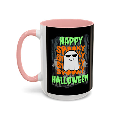 Spooky Happy Halloween Ghost Green font Black Accent Mug by CreepyCrafts.boo