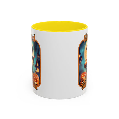 Blessed Samhain Little Witch Orange font White Accent Mug by CreepyCrafts.boo