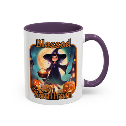 Blessed Samhain Little Witch Orange font White Accent Mug by CreepyCrafts.boo