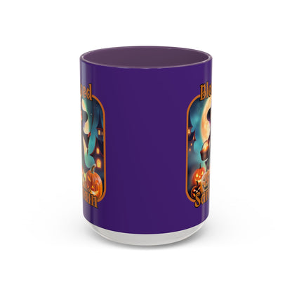 Blessed Samhain Little Witch Orange font Purple Accent Mug by CreepyCrafts.boo