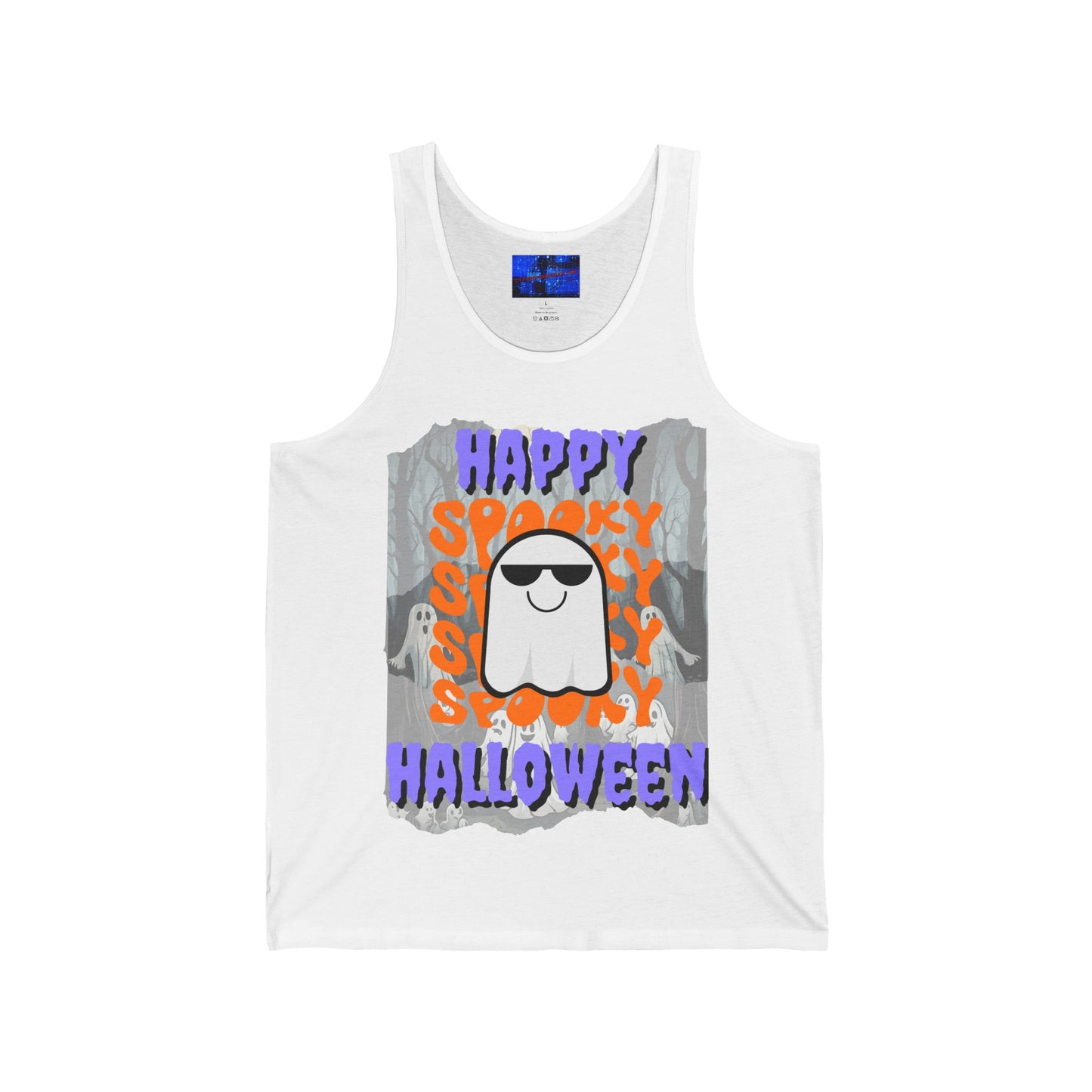 Spooky Happy Halloween Ghost PRfont Unisex Jersey Tank Top by cypherpunkgear