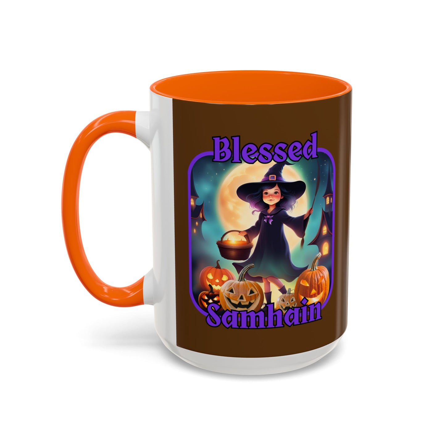 Blessed Samhain Little Witch Purple font Brown Accent Mug by CreepyCrafts.boo