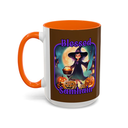 Blessed Samhain Little Witch Purple font Brown Accent Mug by CreepyCrafts.boo