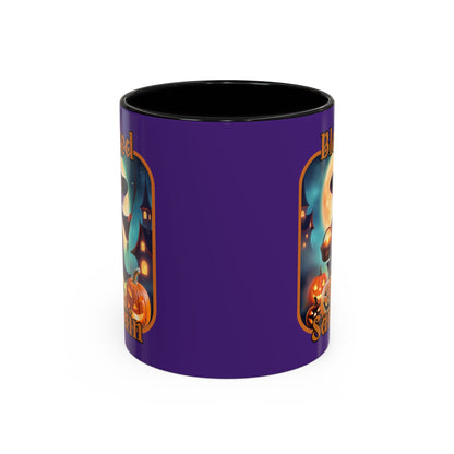 Blessed Samhain Little Witch Orange font Purple Accent Mug by CreepyCrafts.boo