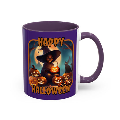 Happy Halloween Cute Witch Orange font Purple Accent Mug by CreepyCrafts.boo