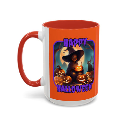 Happy Halloween Cute Witch Purple font Orange Accent Mug by CreepyCrafts.boo