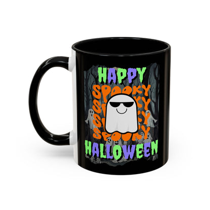 Spooky Happy Halloween Ghost Mixed font Black Accent Mug by CreepyCrafts.boo