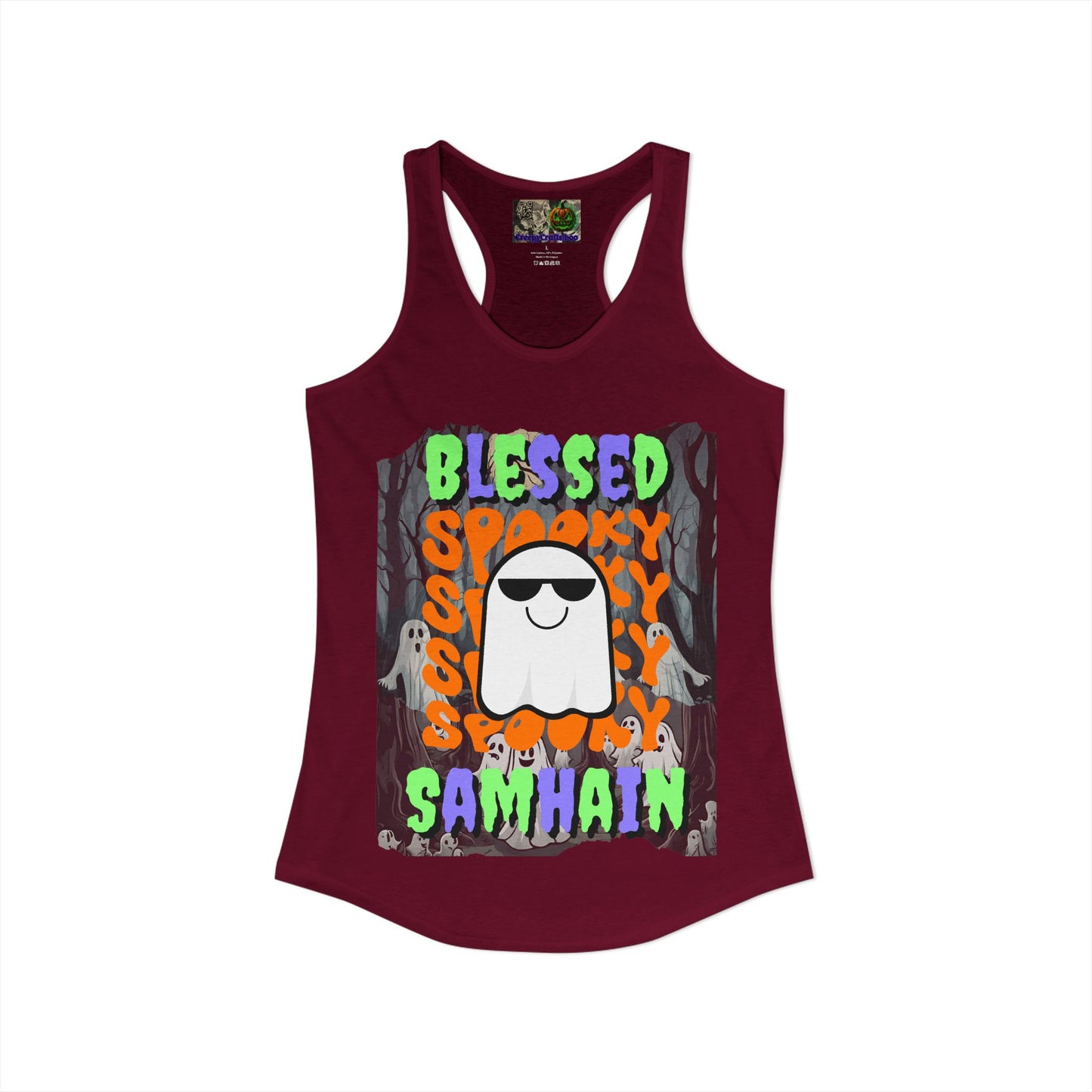 Spooky Blessed Samhain Ghost Mixed font Women's Racerback Tank Top by CreepyCrafts.boo
