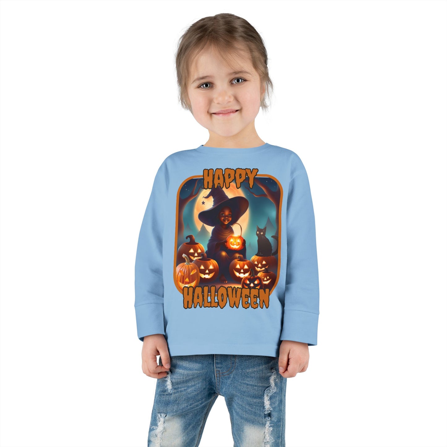 Happy Halloween Cute Witch Orange font Toddler Long Sleeve Tee by CreepyCrafts.boo