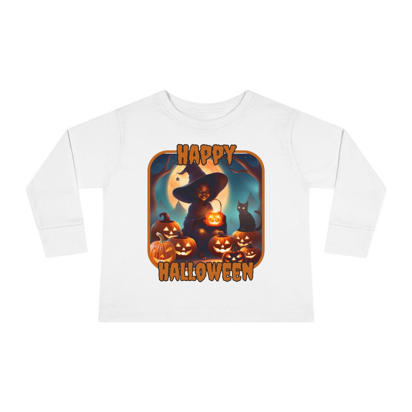 Happy Halloween Cute Witch Orange font Toddler Long Sleeve Tee by CreepyCrafts.boo