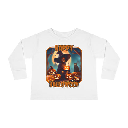 Happy Halloween Cute Witch Orange font Toddler Long Sleeve Tee by CreepyCrafts.boo