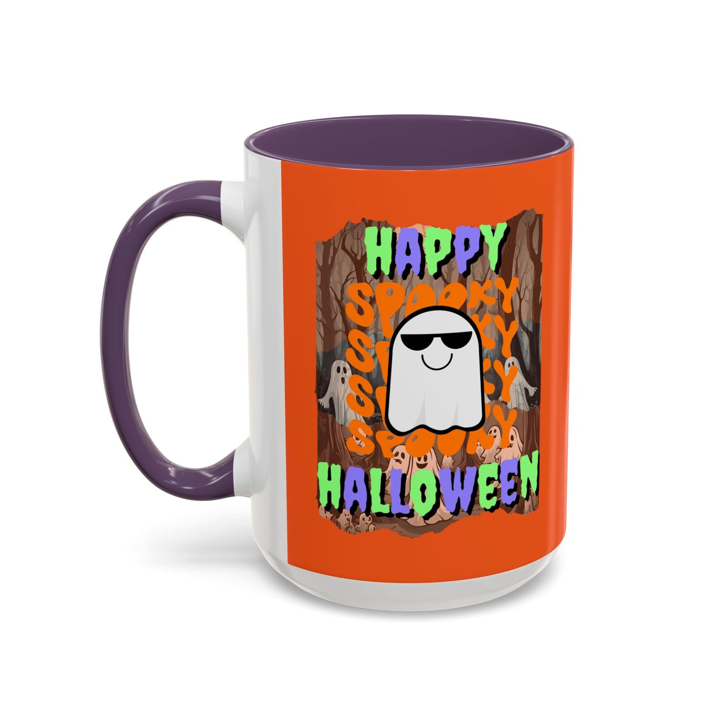 Spooky Happy Halloween Ghost Mixed font Orange Accent Mug by CreepyCrafts.boo