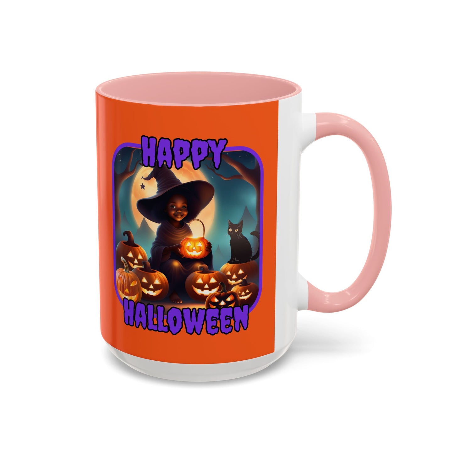 Happy Halloween Cute Witch Purple font Orange Accent Mug by CreepyCrafts.boo