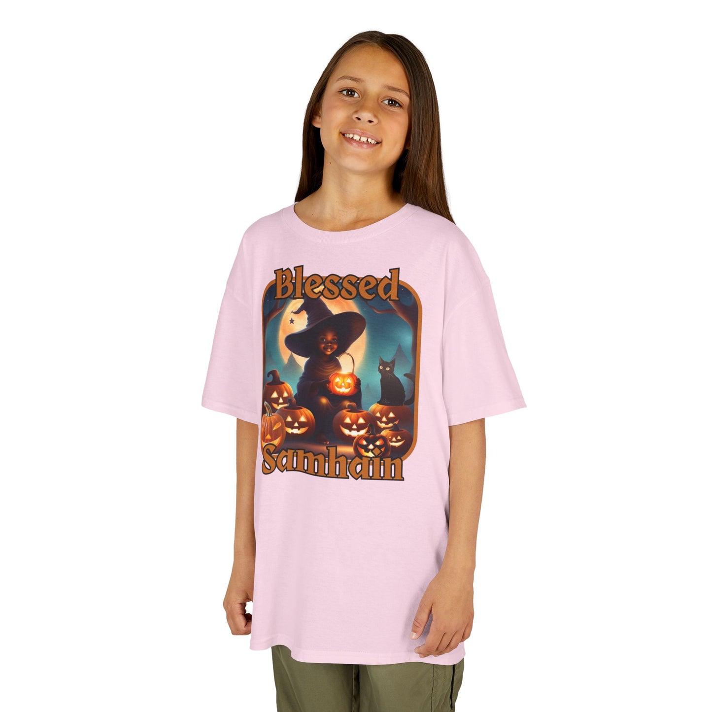Blessed Samhain Cute Witch Orange font Kids Heavy Cotton™ Tee by CreepyCrafts.boo