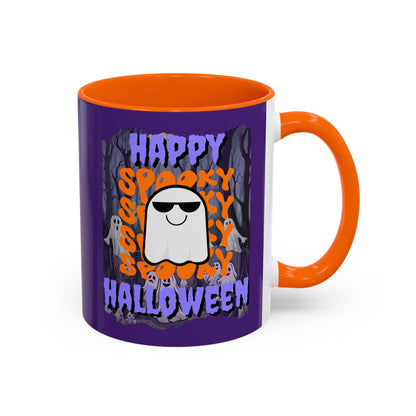 Spooky Happy Halloween Ghost Purple font Purple Accent Mug by CreepyCrafts.boo