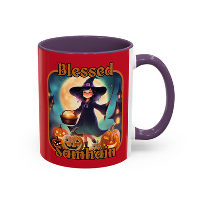 Blessed Samhain Little Witch Orange font Red Accent Mug by CreepyCrafts.boo