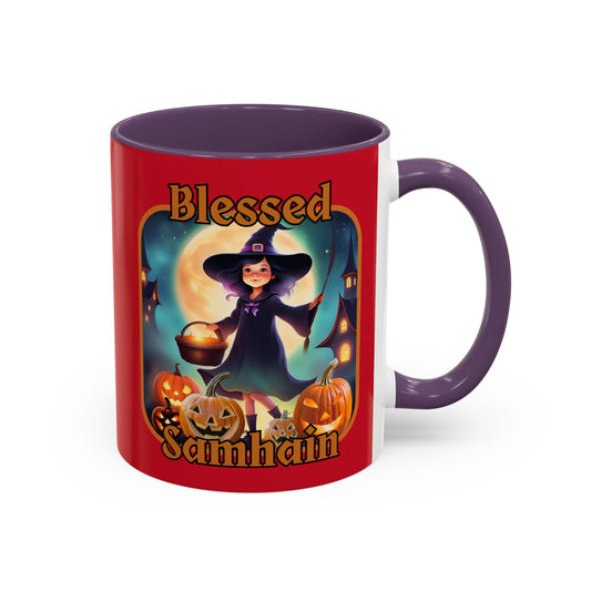 Blessed Samhain Little Witch Orange font Red Accent Mug by CreepyCrafts.boo