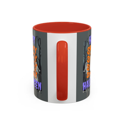 Spooky Happy Halloween Ghost Purple font Grey Accent Mug by CreepyCrafts.boo