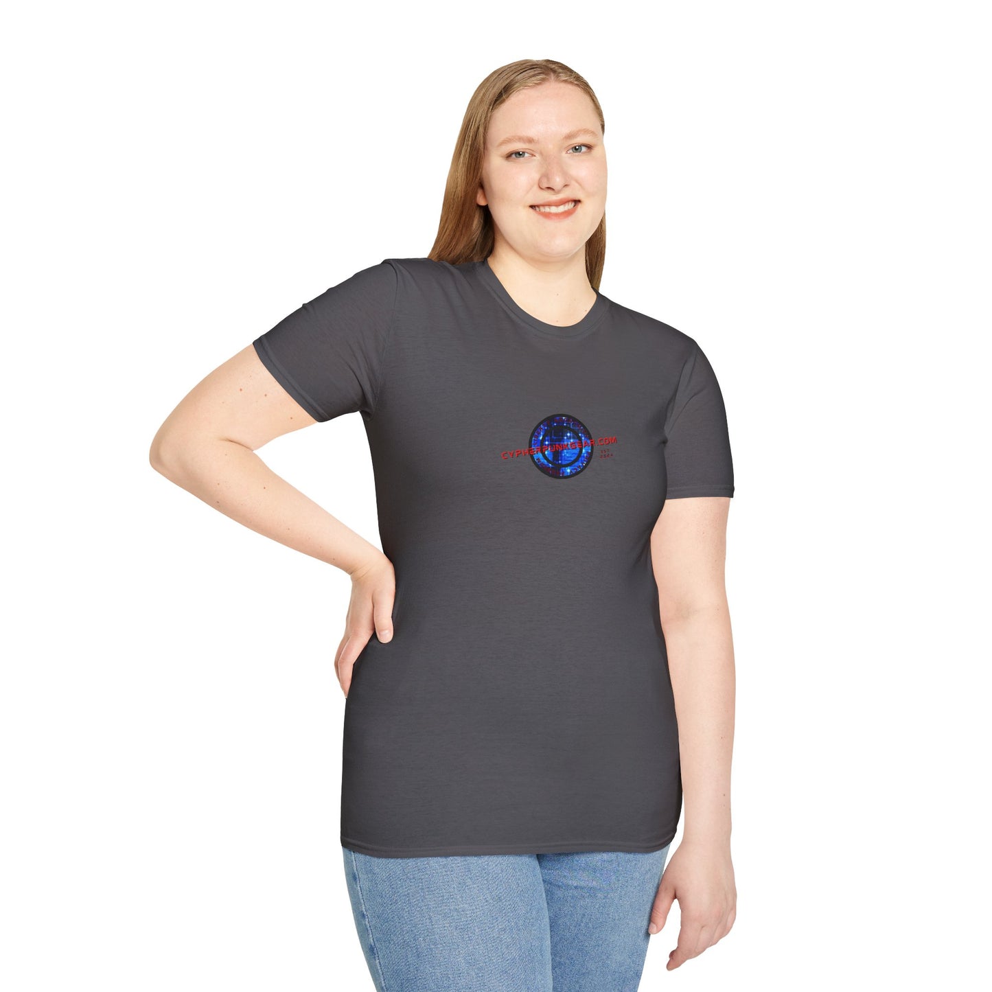 2-sided, cypherpunkgear.com Logo & Cityscape Dark colors Unisex T-Shirt by cypherpunkgear.com