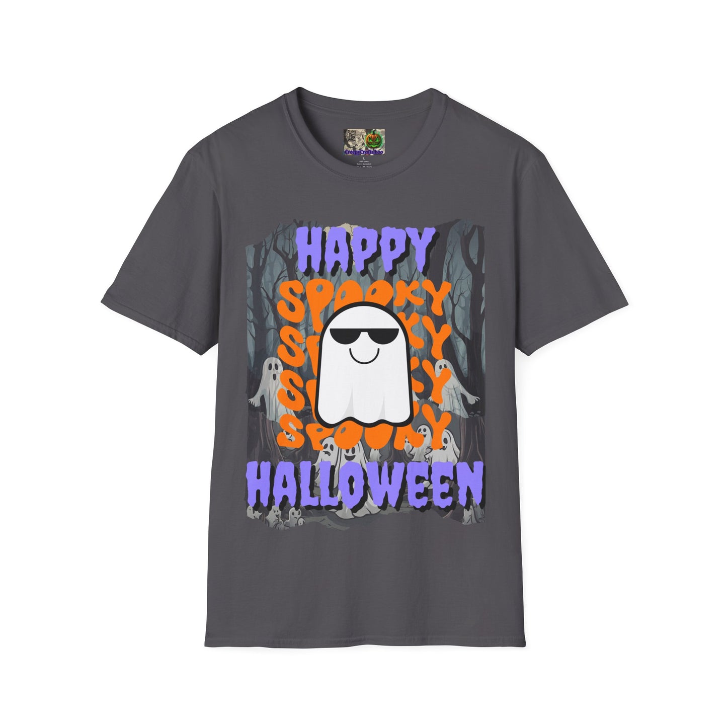 Spooky Happy Halloween Ghost Dark colors Purple font Unisex T-Shirt by CreepyCrafts.boo