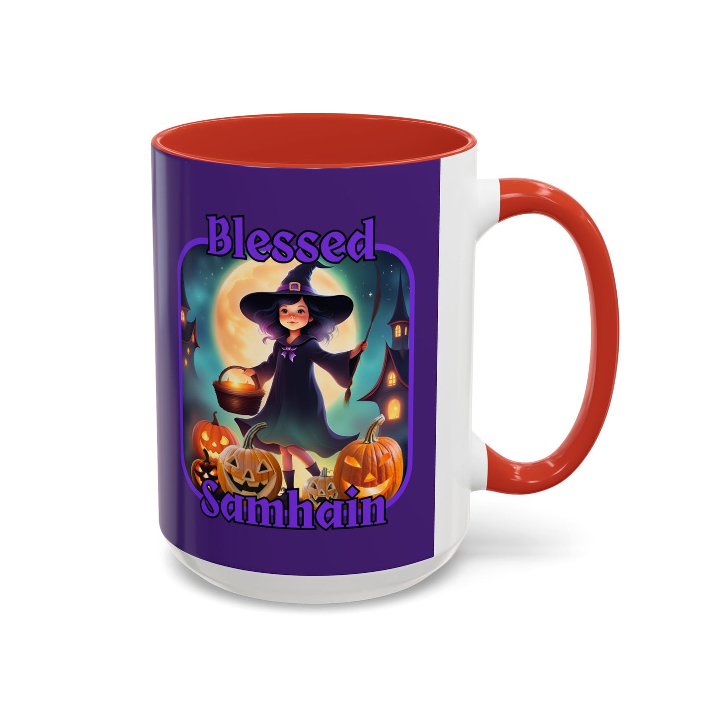 Blessed Samhain Little Witch Purple font Purple Accent Mug by CreepyCrafts.boo