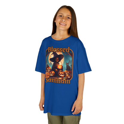 Blessed Samhain Cute Witch Orange font Kids Heavy Cotton™ Tee by CreepyCrafts.boo